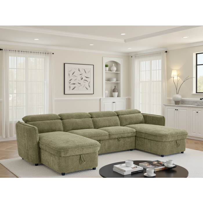ELVAREN Fabric 4 Seater U Shaped Corner Sofa Bed - Green
