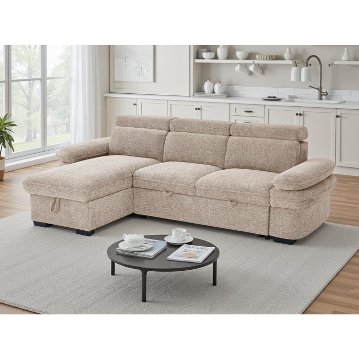 CAVENTO Fabric 3 Seater L Shaped Corner Sofa Bed - Beige, Universal Facing