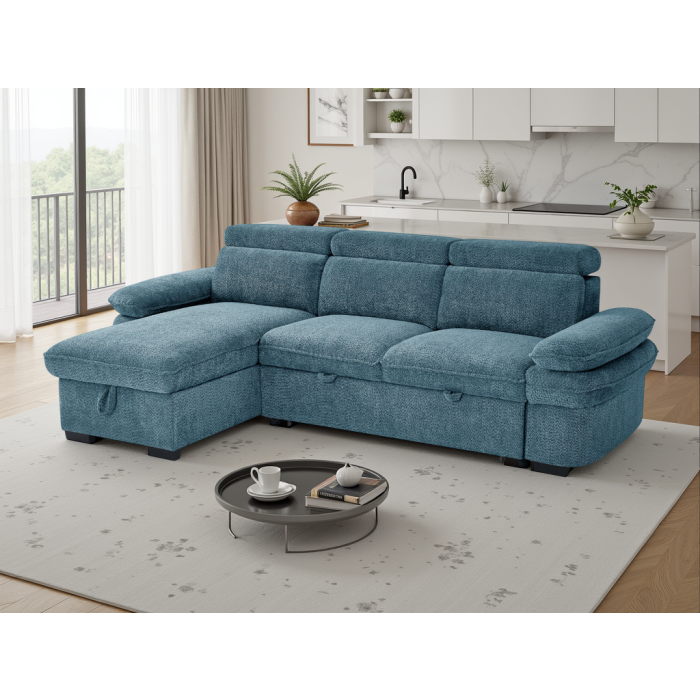 CAVENTO Fabric 3 Seater L Shaped Corner Sofa Bed - Blue, Universal Facing