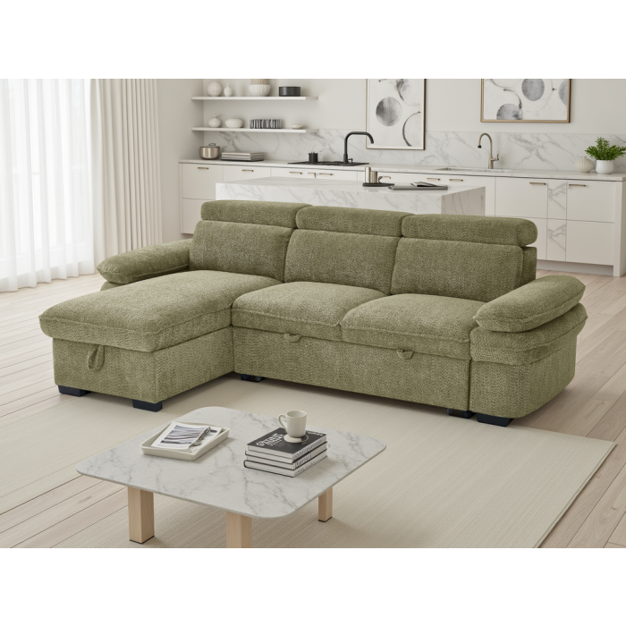 CAVENTO Fabric 3 Seater L Shaped Corner Sofa Bed - Green, Universal Facing