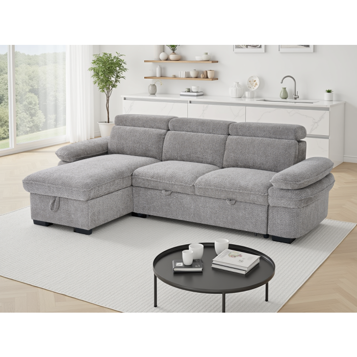 CAVENTO Fabric 3 Seater L Shaped Corner Sofa Bed - Grey, Universal Facing