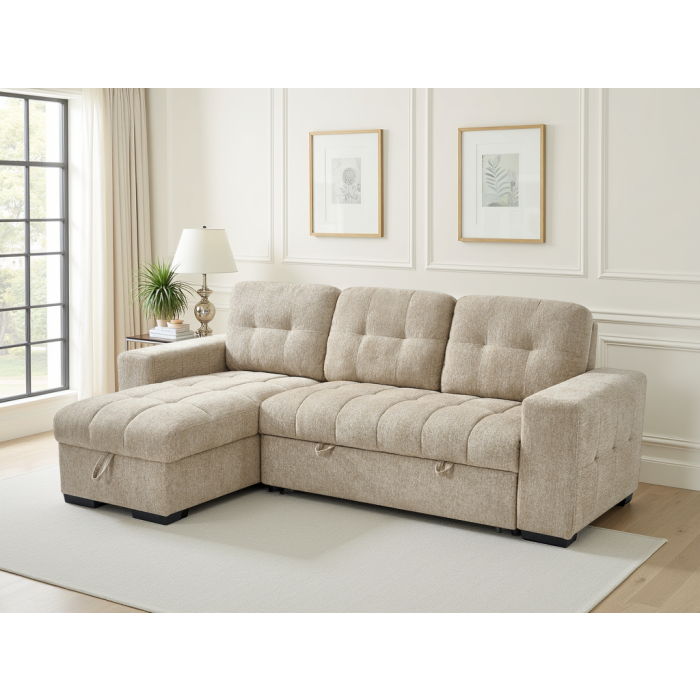 DONATELLO Fabric 3 Seater L Shaped Corner Sofa Bed - Beige, Reversible Facing