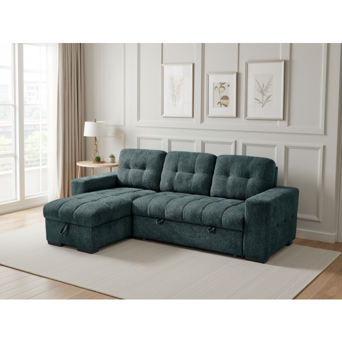 DONATELLO Fabric 3 Seater L Shaped Corner Sofa Bed - Blue, Reversible Facing