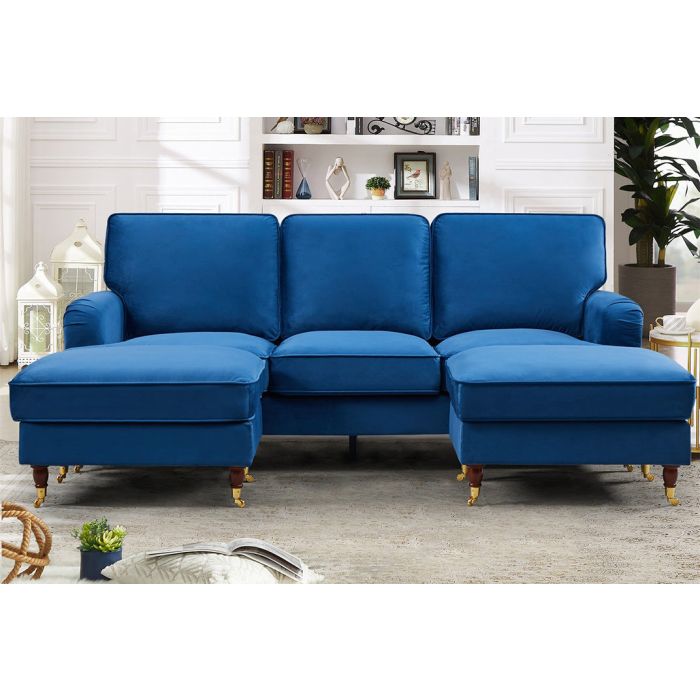 VELARO Velvet 5 Seater U-Shaped Corner Sofa- Blue