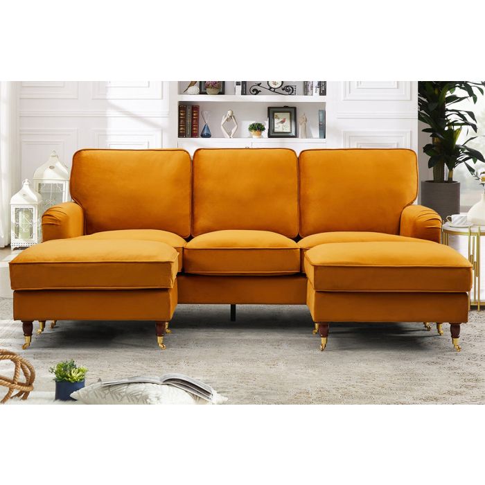 VELARO Velvet 5 Seater U-Shaped Corner Sofa- Orange
