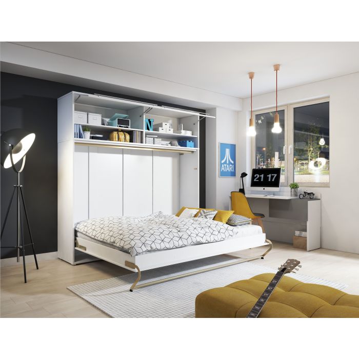 ArtNest Horizontal Wall Bed 120cm with Over Bed Unit - White Gloss