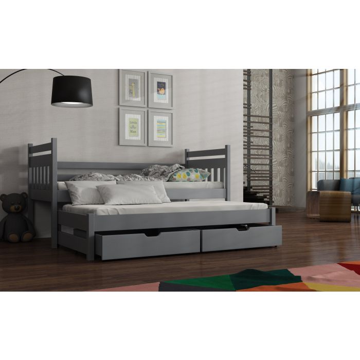 NEIL Wooden 2 Drawers Storage Double Bed with Trundle and Foam Mattress - Grey