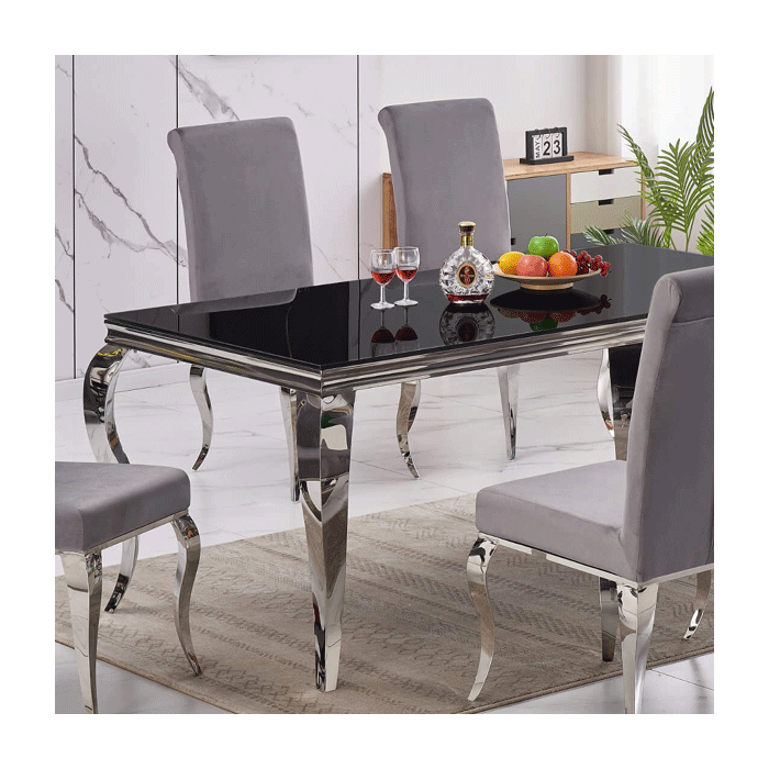 Modern Stainless Steel Dining Table in Black Glass Top with Silver Legs
