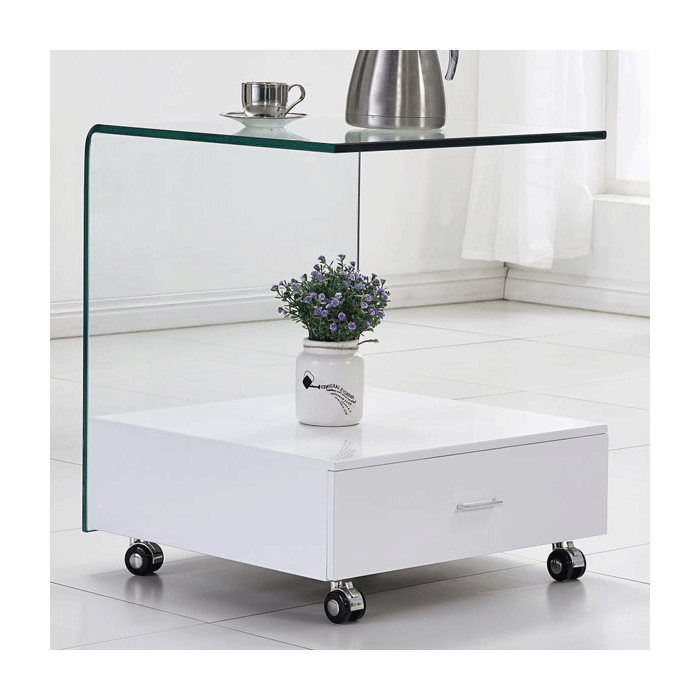 Hove Square Glass Lamp Side Table with High Gloss Drawer - White