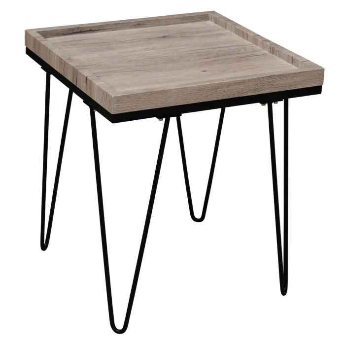 Ballymena Natural Wood Lamp Side Table with Black Metal Legs - Oak Effect