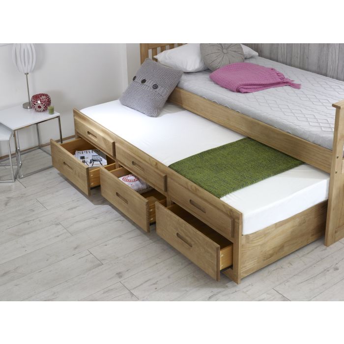Single Bed - JAPTAIN 3ft Wooden Trundle Bed with Storage Drawers Oak Finish