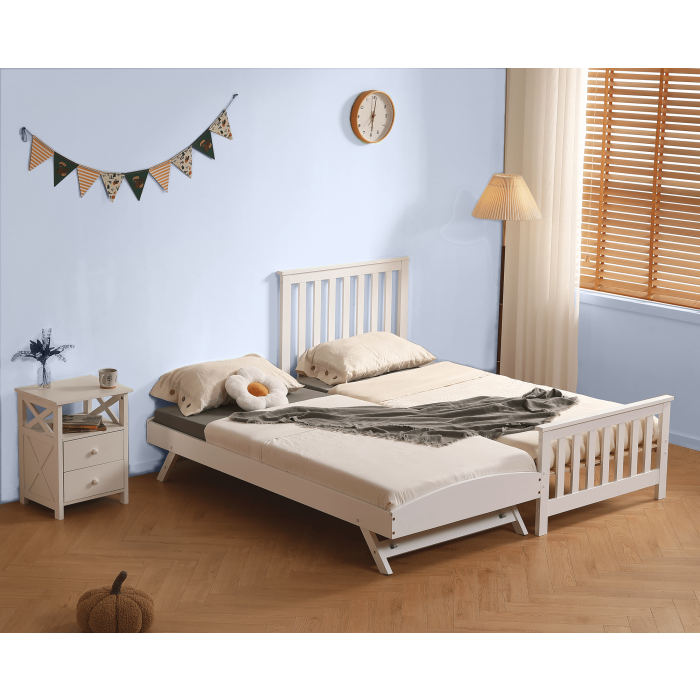 Single Bed - TEXFORD 3ft Wooden Trundle Bed White