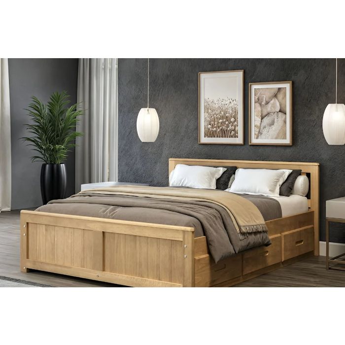 Kingsize Bed - LISSON 5ft Wooden Bed with Storage Drawers Oak Finish