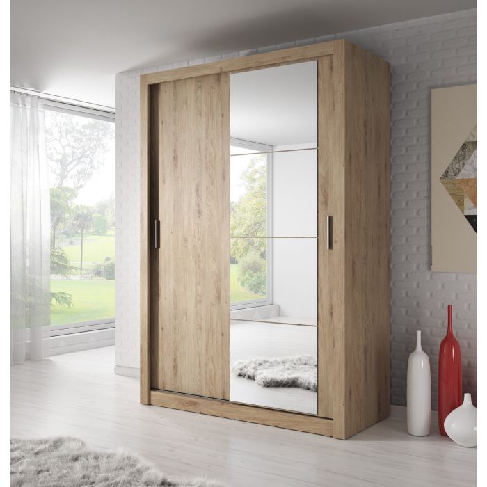 Sliding Wardrobe - ARTU 2 Door Mirrored Wardrobe Oak Shetland 150cm