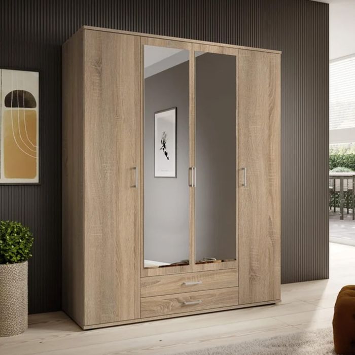 KEVIN 4 Door Mirrored Wardrobe with 2 Drawers Oak - 160cm