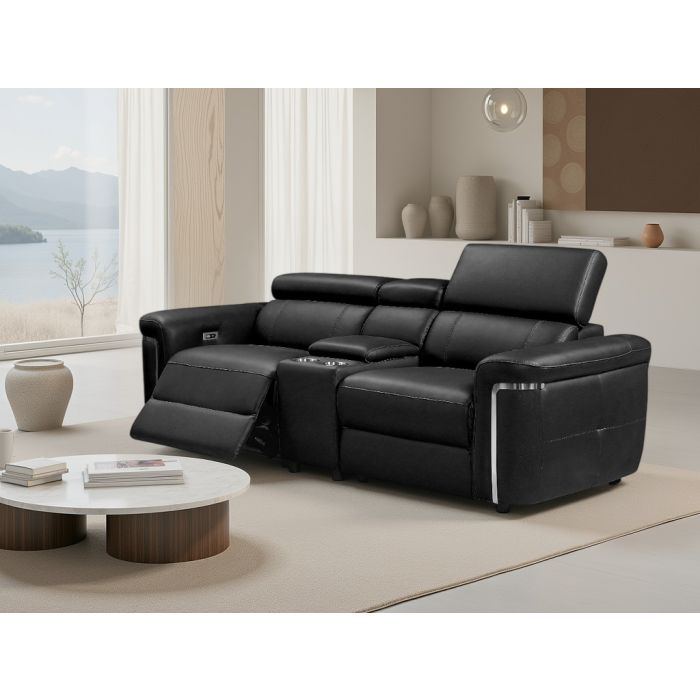 BREVELLO Leather 2 Seater Electric Recliner Sofa - Black