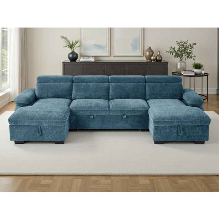 GREYMERE Fabric 4 Seater U Shaped Corner Sofa Bed - Blue
