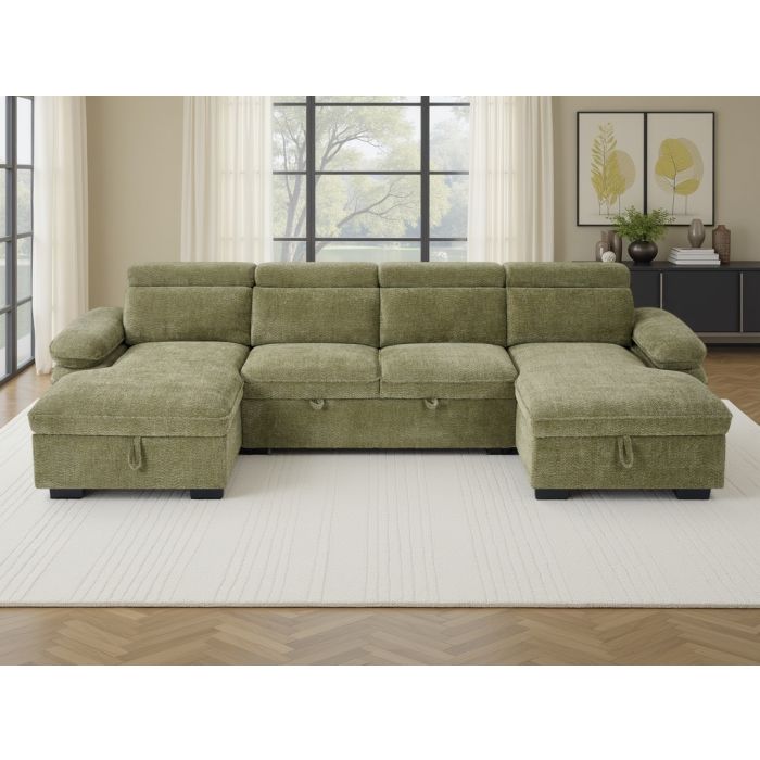 GREYMERE Fabric 4 Seater U Shaped Corner Sofa Bed - Green