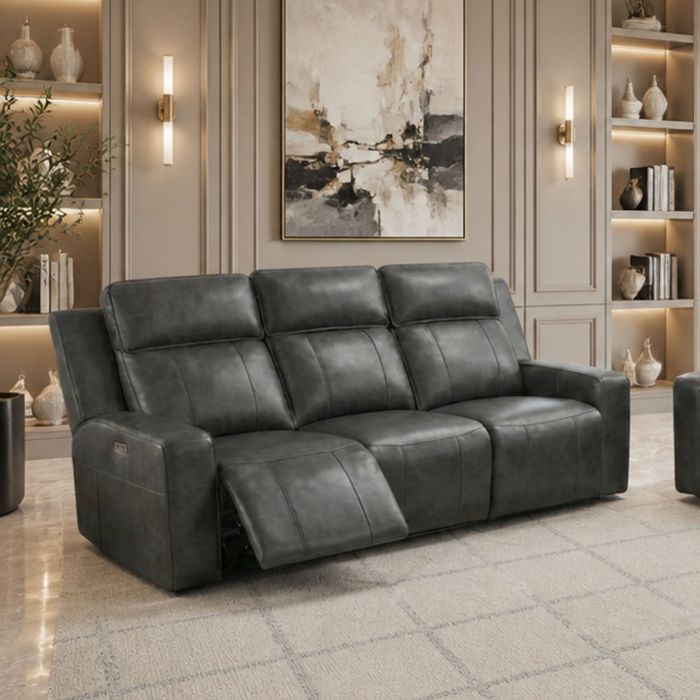 CALVIRO Leather 3 Seater Electric Recliner Sofa - Grey
