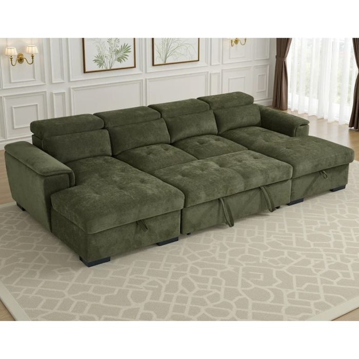 GRACELLO Fabric 6 Seater U Shaped Corner Sofa Bed - Green