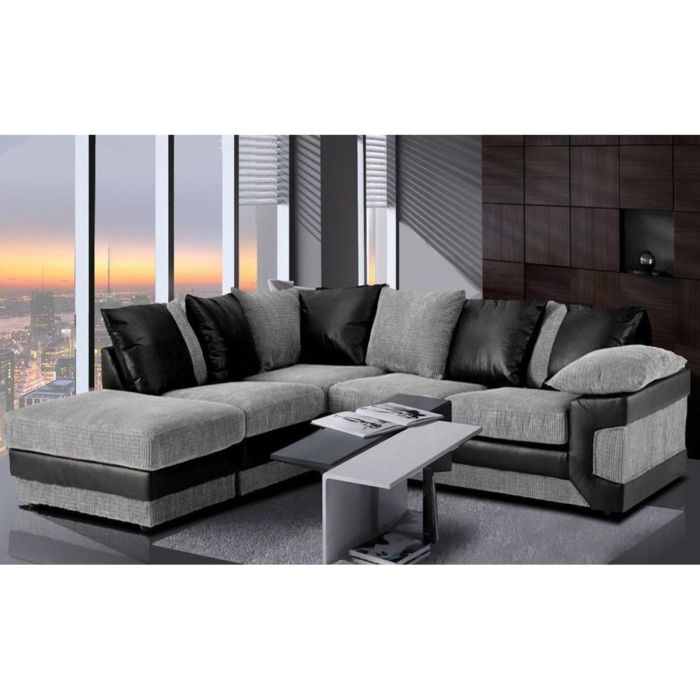 SWANSEA Jumbo Cord 5 Seater L Shaped Scatterback Corner Sofa - Black and Grey, Left Hand Facing
