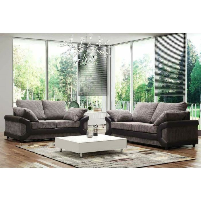 SWANSEA Jumbo Cord 3 Seater and 2 Seater Fullback Sofa Set - Black and Grey