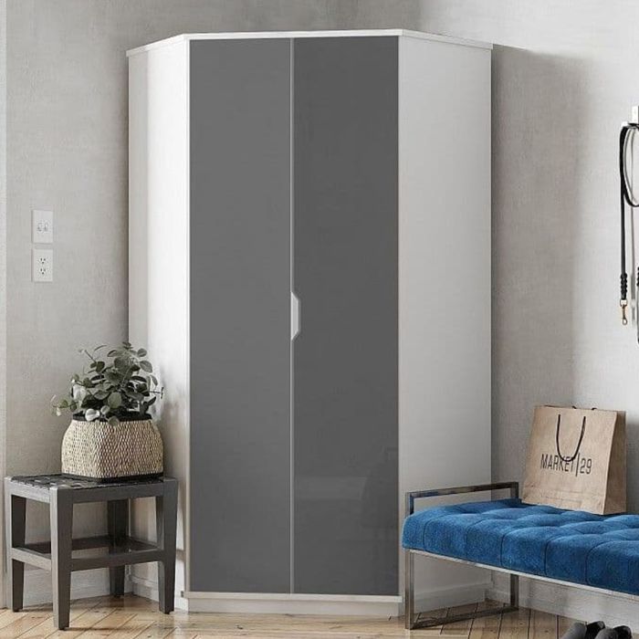 SARNIA 2 Door Corner Wardrobe White with Grey Front - 93cm
