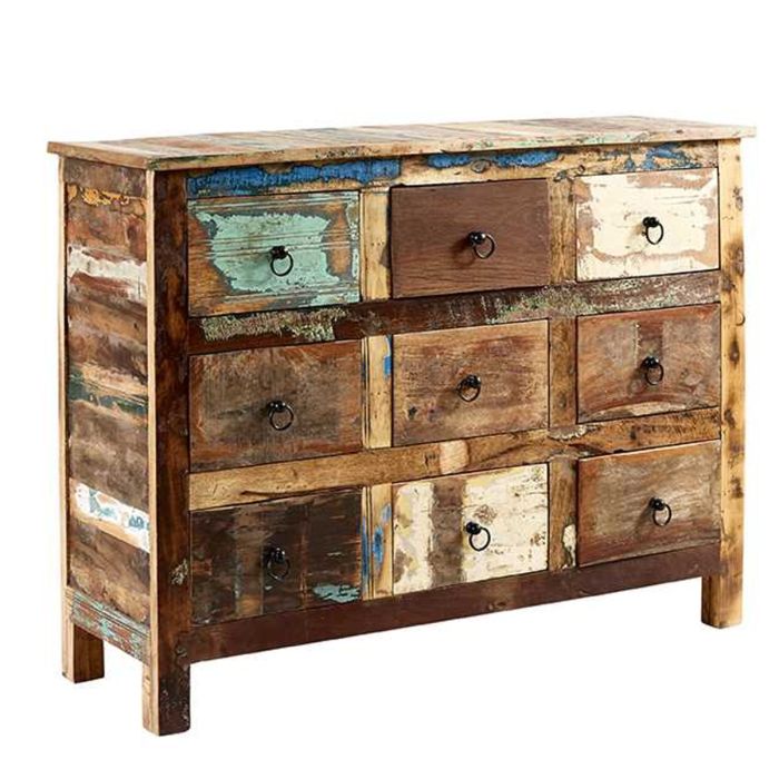 Oak Finish Chest of Drawers - CASTRIES Large Chest 9 Drawers Double Chest