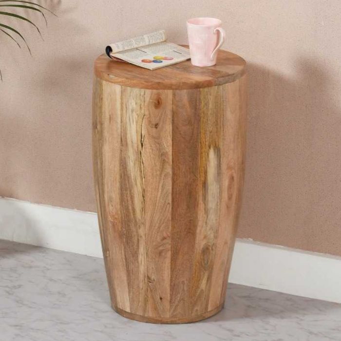 Powell Solid Wood Drum Style Side Table - Natural Wood