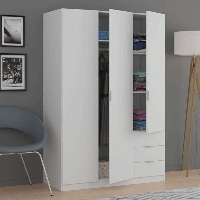 HARVEY 3 Door Wardrobe with 3 Drawers White - 121cm