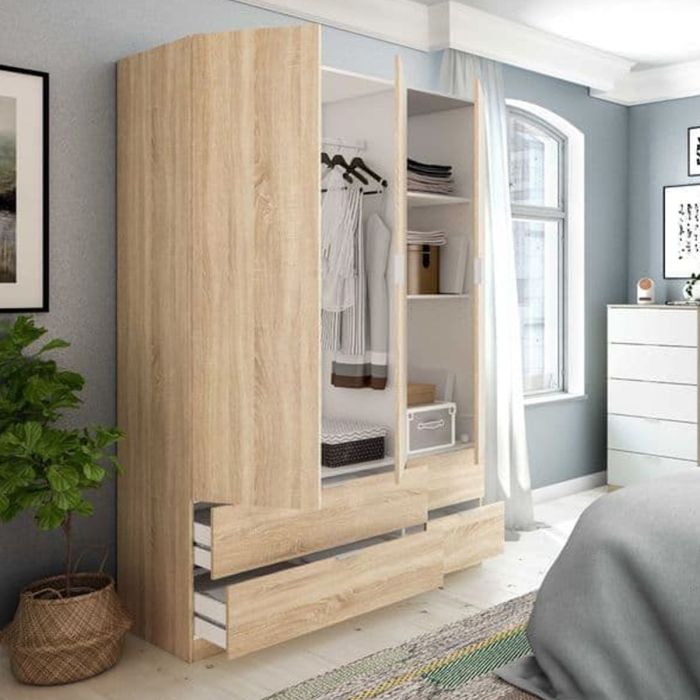 HARVEY 3 Door Wardrobe with 4 Drawers Light Oak - 135cm