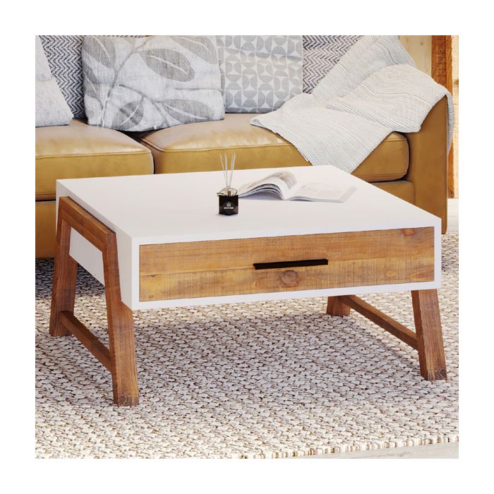 Becky Scandic Theme Reclaimed Wood Square Coffee Table with Drawer Both Sides