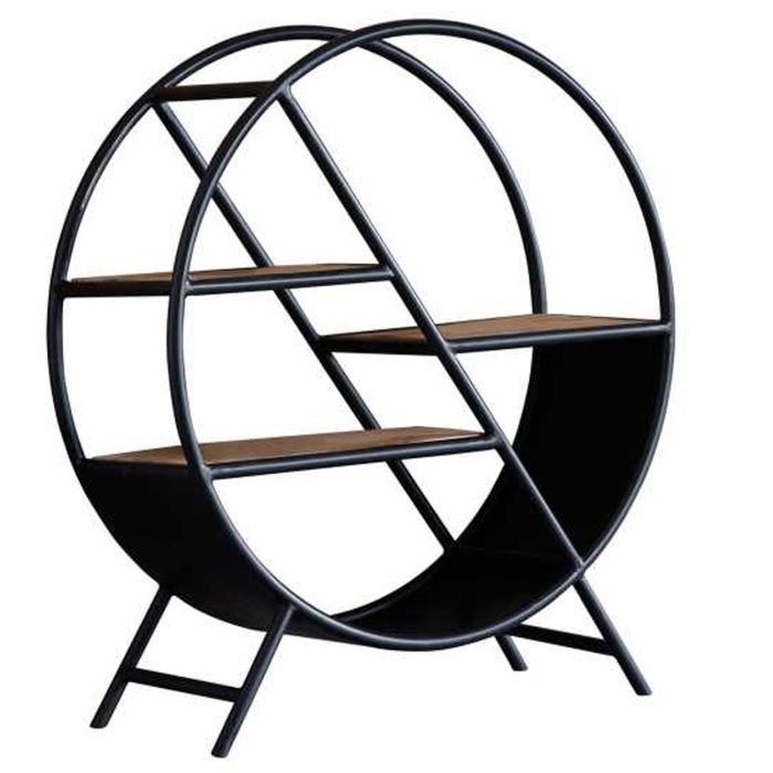 Michelle Industrial Style Round Open Bookcase with Natural Hardwood and Iron Frame