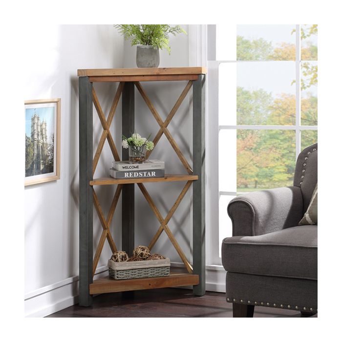 Doyle Elegance Steel Frame Small Corner Bookcase with 2 Shelves - Natural Wood