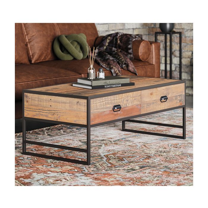 Hayley Metal Frame Reclaimed Wood Coffee Table with Four Drawer