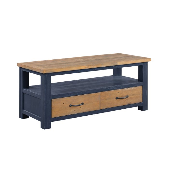 Splatter Reclaimed Wood TV Stand with Two Drawer and Open Shelf - Blue