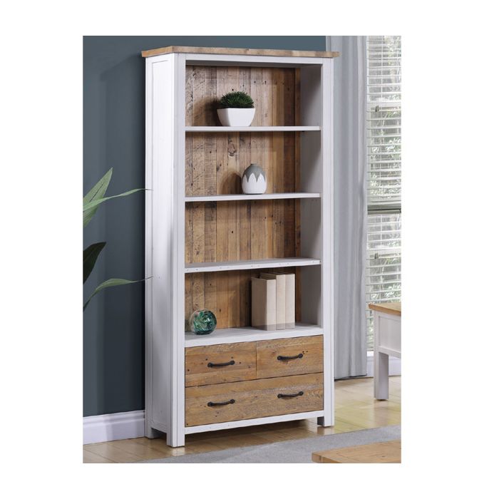 Splatter Reclaimed Wood Large Open Bookcase with 3 Drawers and 4 Shelves - White