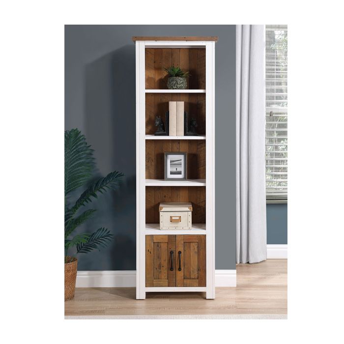 Splatter Reclaimed Wood Narrow Open Bookcase with 2 Door and 4 Shelves - White
