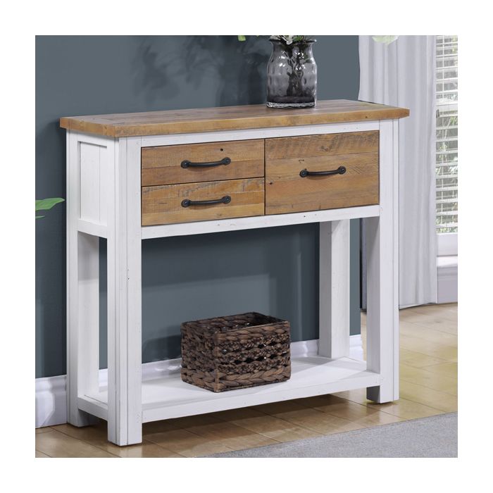 Splatter Reclaimed Wood Small Console Table with 3 Drawer and Open Shelves - White