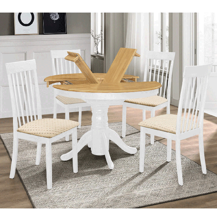 Wadrqua White Extending Dining Set with 4 Chairs in Light Oak and White