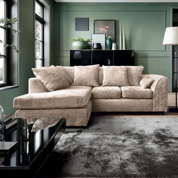 Corner Sofa - HENRY Crushed Chenille Fabric 4 Seater L-Shaped Sofa Left Hand Facing - Cream