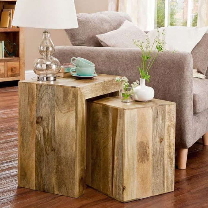 Delta Mango Wood Cube Nest Of 2 Tables - Light Wood Tone