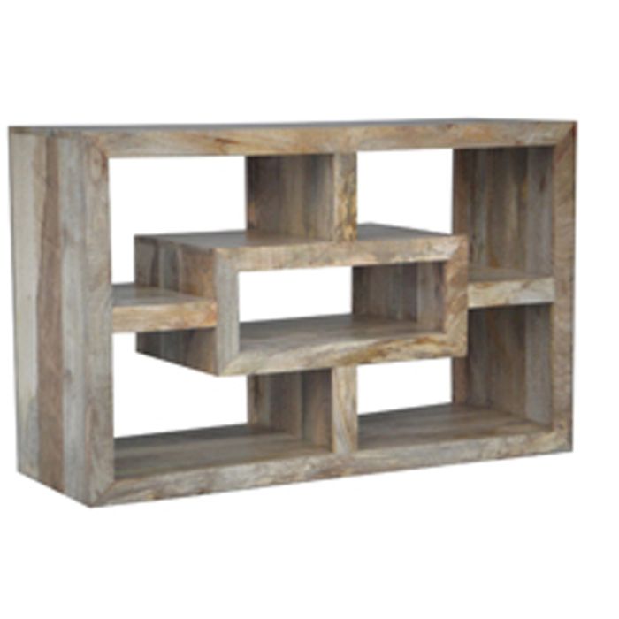 Dennis Solid Wood Straight Media Unit 110cm with Seven Shelves - Light Wood Finish