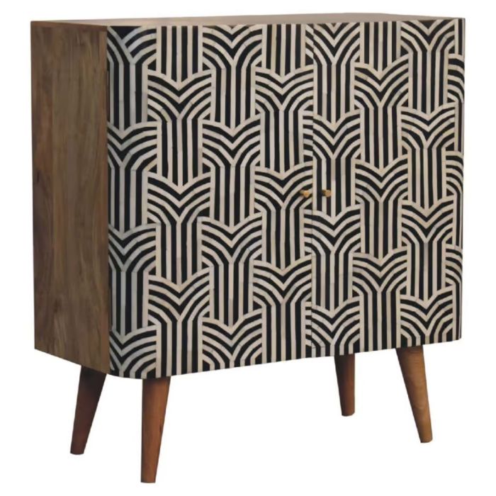 Oak Finish Mango Wood Cabinet with Nordic Legs and Bone Inlay