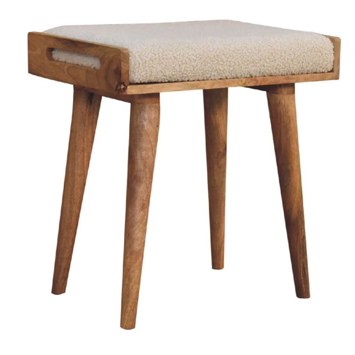 Nordic Style Footstool with Curled Cotton Fabric and Wood Tray - Cream