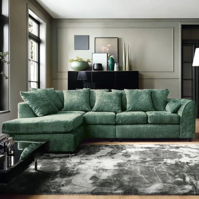 Corner Sofa - HENRY Crushed Chenille Fabric 5 Seater L-Shaped Sofa Left Hand Facing - Rifle Green