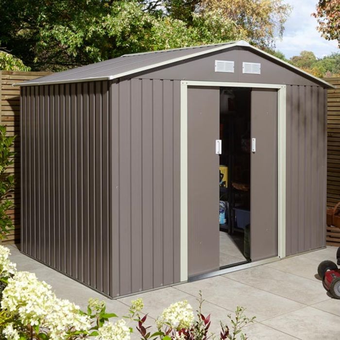 Tyson Double Sliding Door 8x6 Metal Pent Style Roof Shed - Light Grey