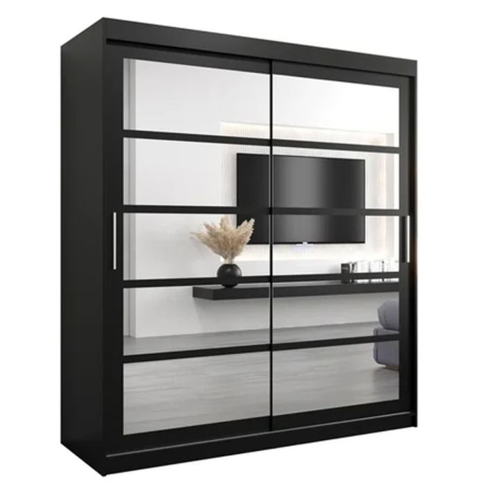 CALVIN 2 Door Mirrored Sliding Wardrobe Black - 180cm