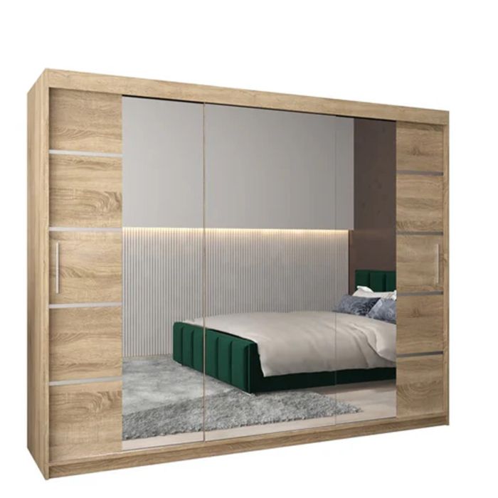 VICENZA II 3 Door Mirrored Sliding Wardrobe Light Oak - 250cm