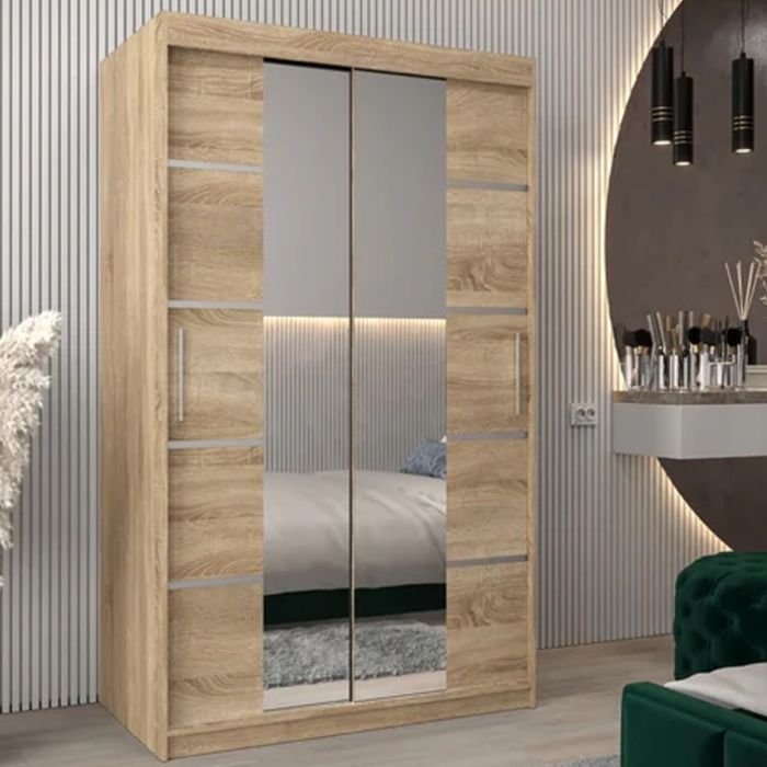 VICENZA II 2 Door Mirrored Sliding Wardrobe Light Oak - 120cm